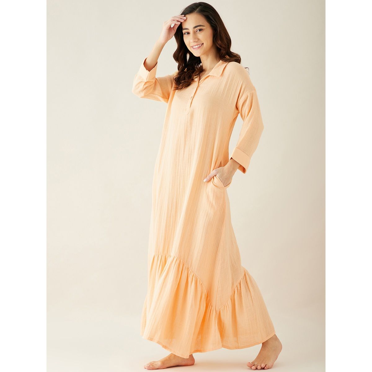 The Kaftan Company Peach Double Cloth Cotton Lounge Dress: Buy The ...