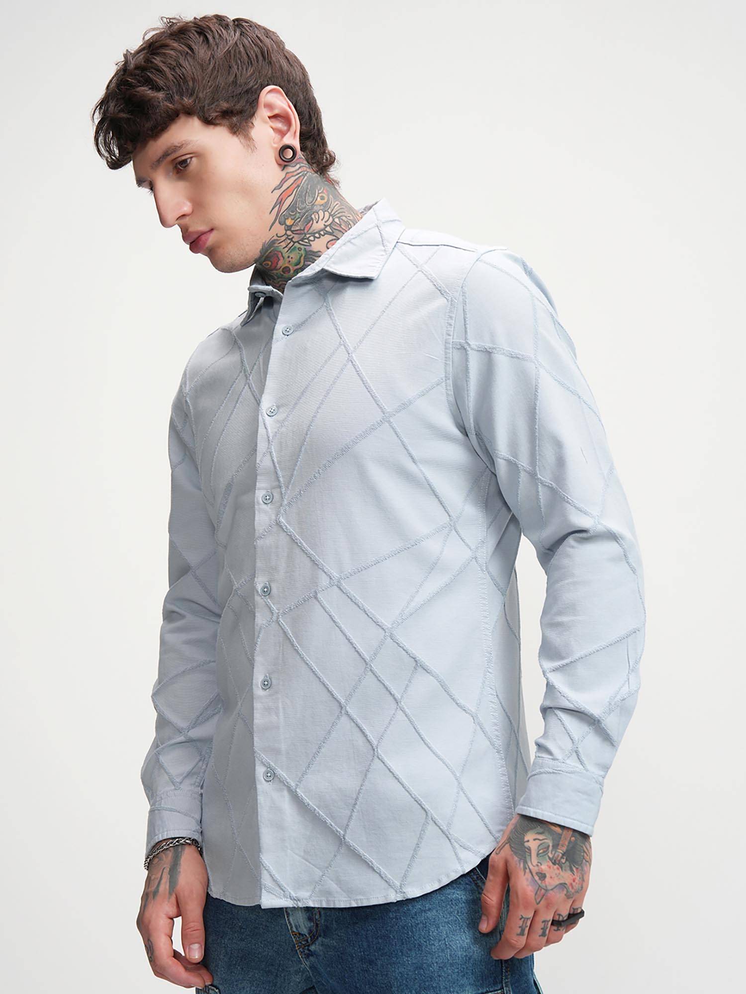 Buy HIGHLANDER Men Blue Jacquard Textured Casual Slim Fit Shirt Online