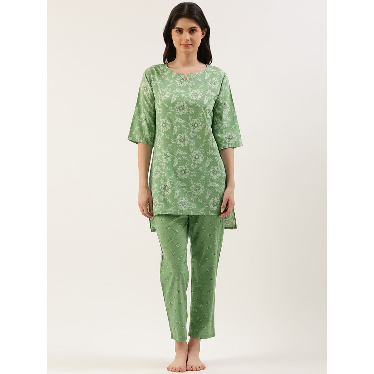 Clt.s Women Green Floral Top and Pant (Set of 2) (M)