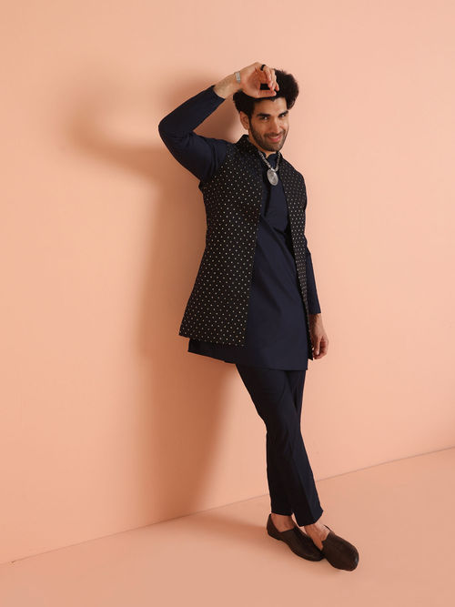 KISAH Men Navy Blue Woven Design Ethnic Motifs Kurta with Pant and Nehru  Jacket (Set of 3) (38)