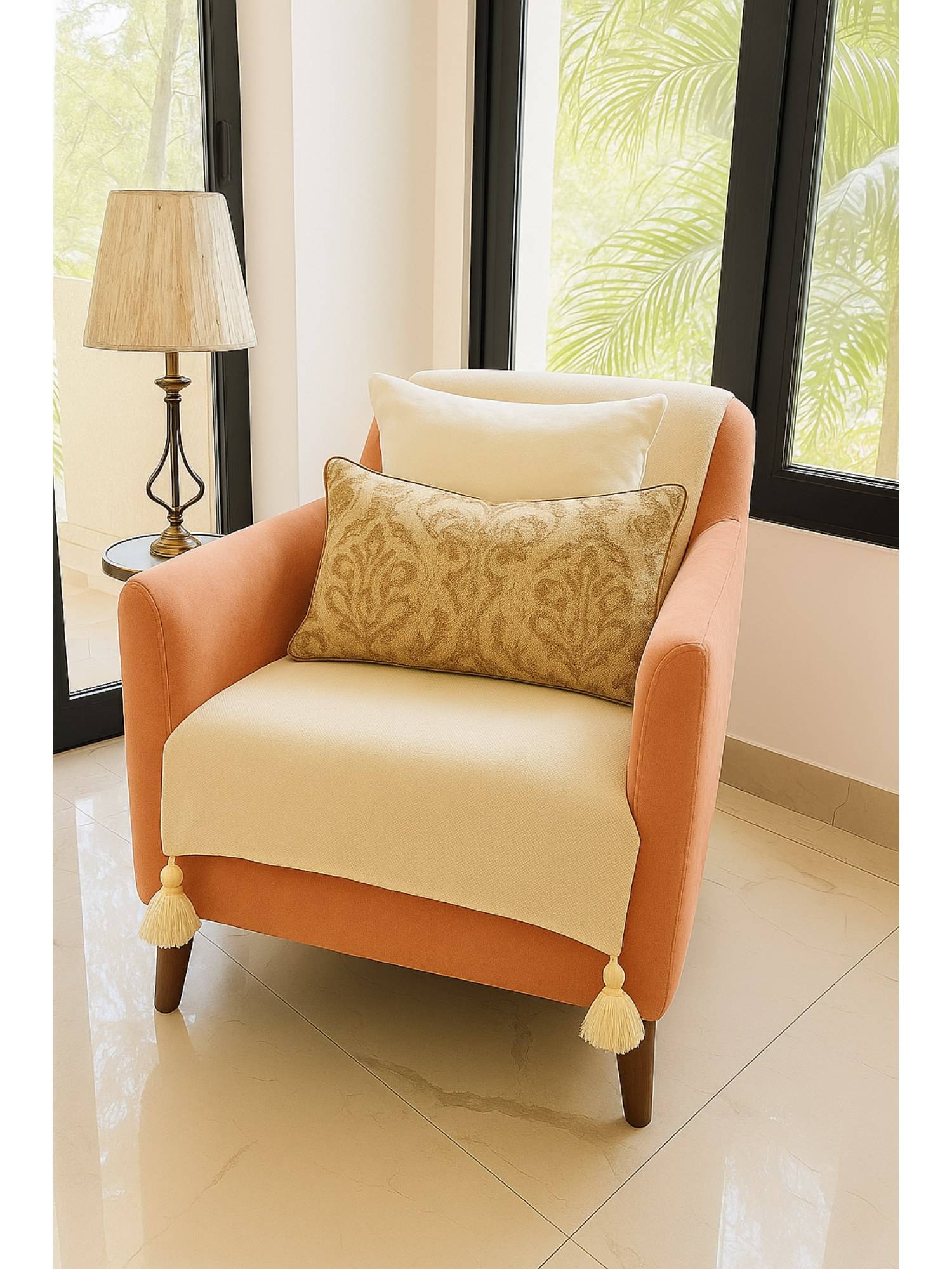 THROW PILLOW Off White Solid Contemporary Sofa Cover (1 Seater)