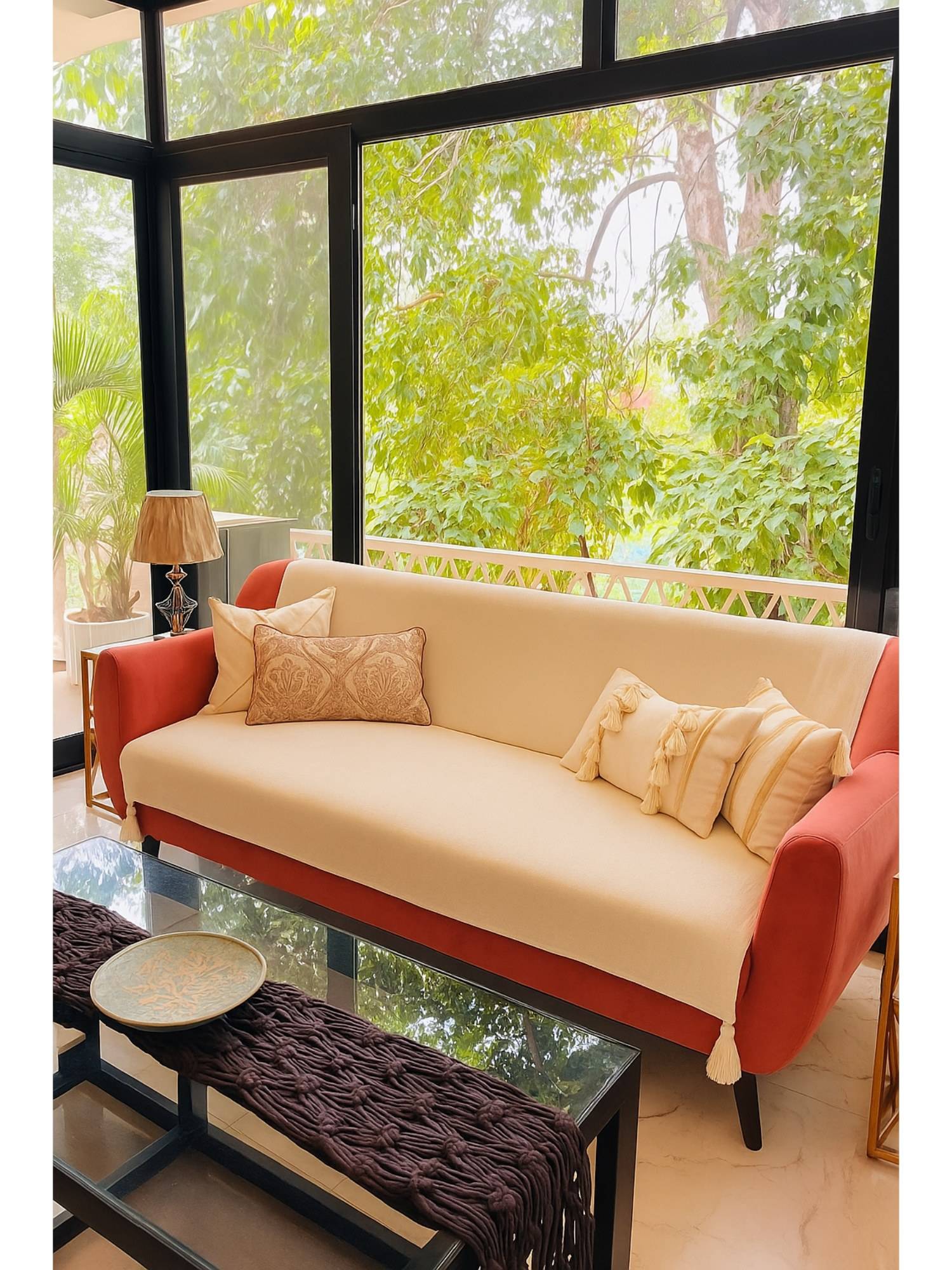 THROW PILLOW Off White Solid Contemporary Sofa Cover (2 Seater)