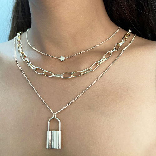 Ayesha Lock And Key Pendant Statement Layered Necklace Metal Layered