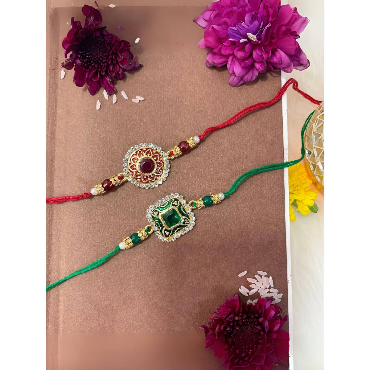 I Jewels Pearl & Kundan Designer Bhaiya Rakhis with Roli Chawal (Pack of 2)