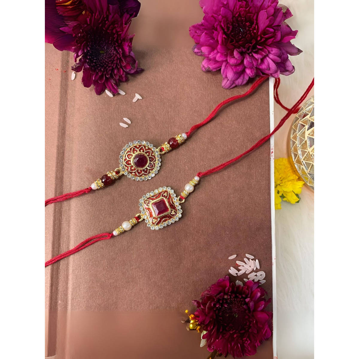 I Jewels Pearl & Kundan Designer Bhaiya Rakhis with Roli Chawal (Pack of 2)