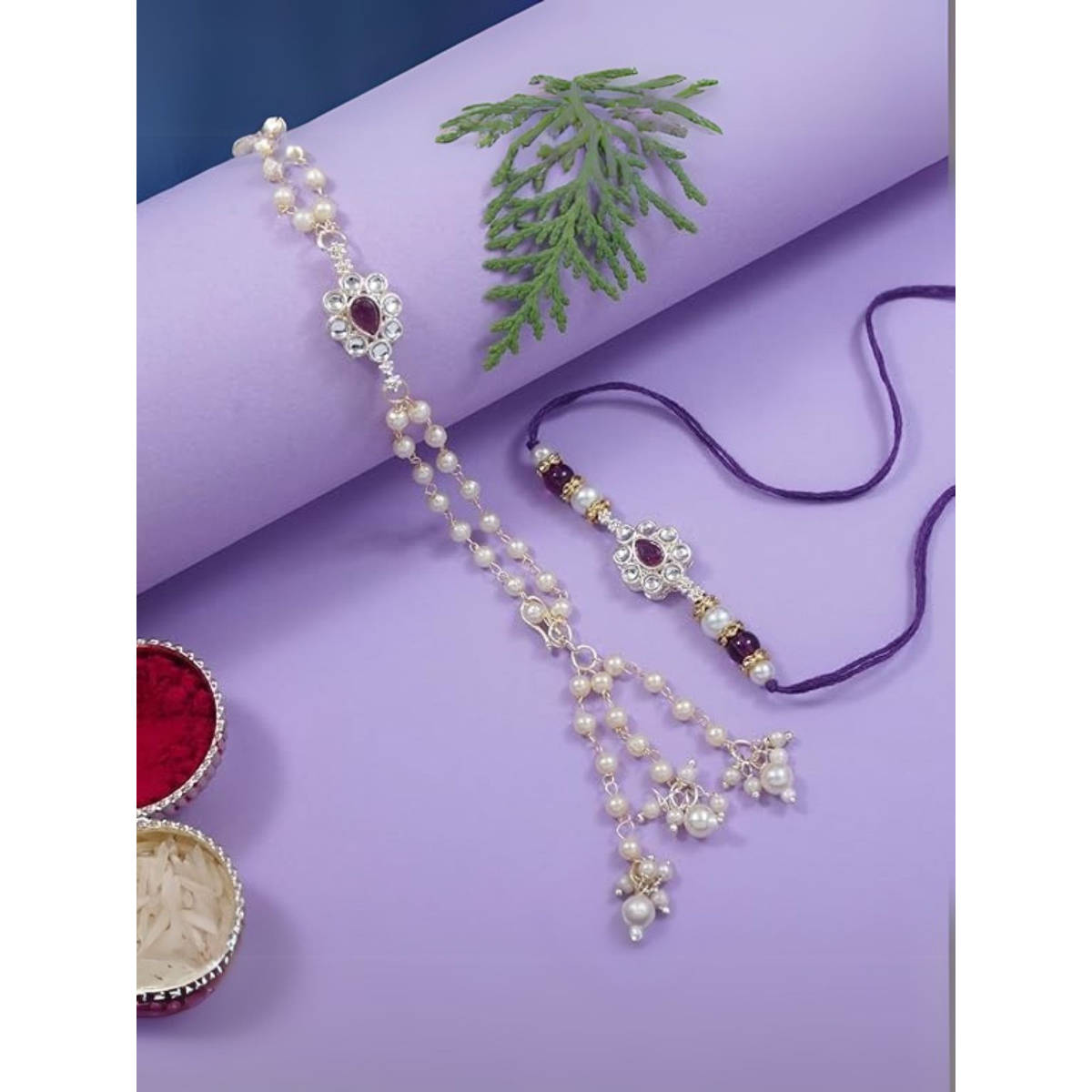 I Jewels Kundan & Pearl Bhaiya Bhabhi Lumba Bracelet Rakhis with Roli Chawal (Pack of 2)