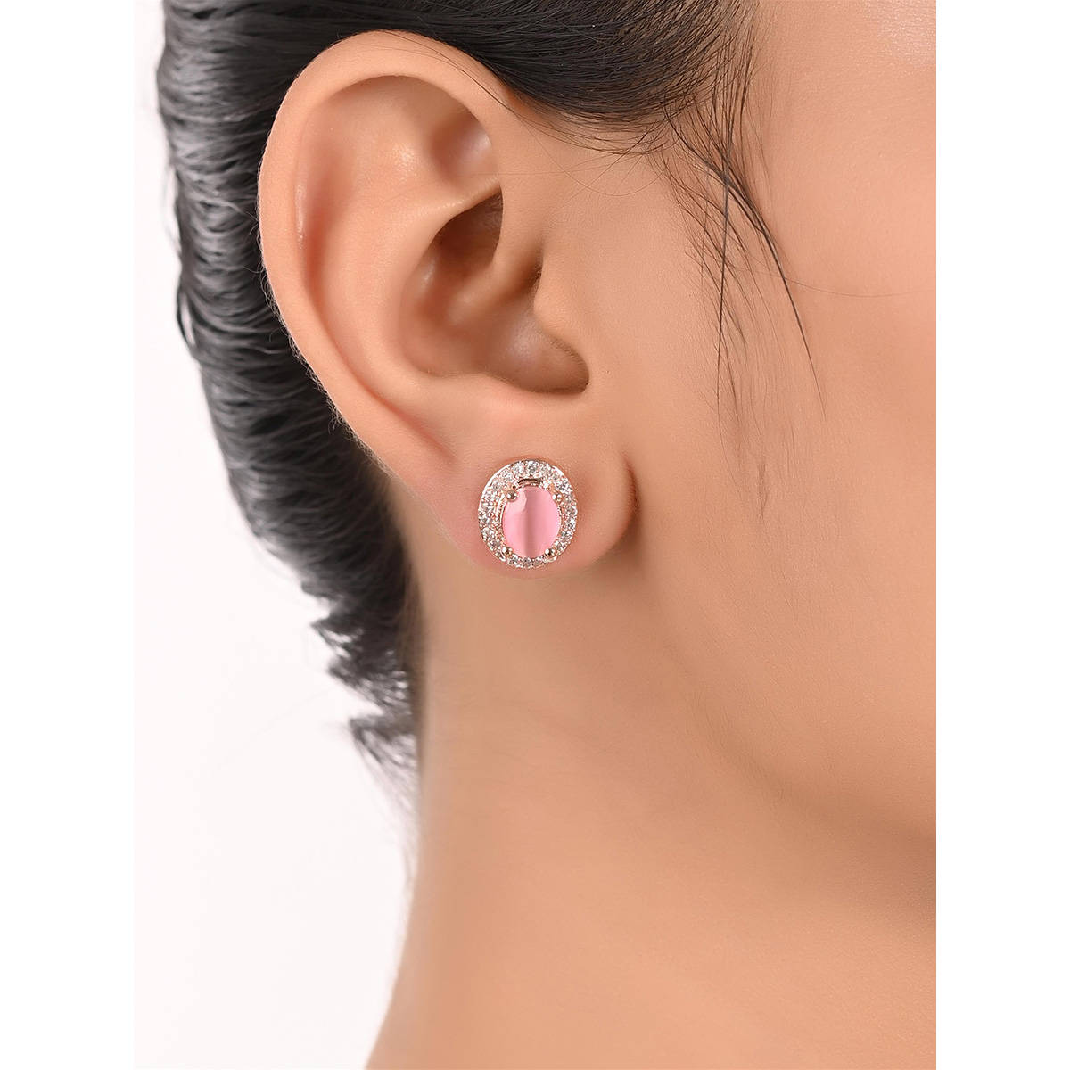 Ratnavali Jewels AD CZ Rose Gold Plated Pink Stud Tops Earrings