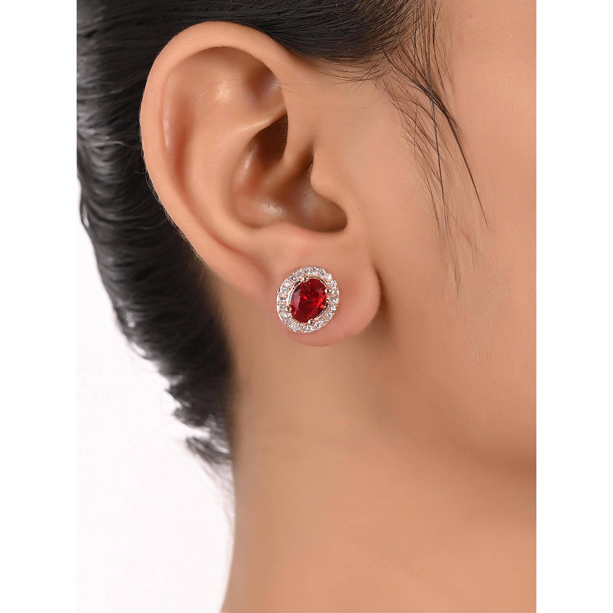 Ratnavali Jewels AD CZ Rose Gold Plated Red Stud Tops Earrings