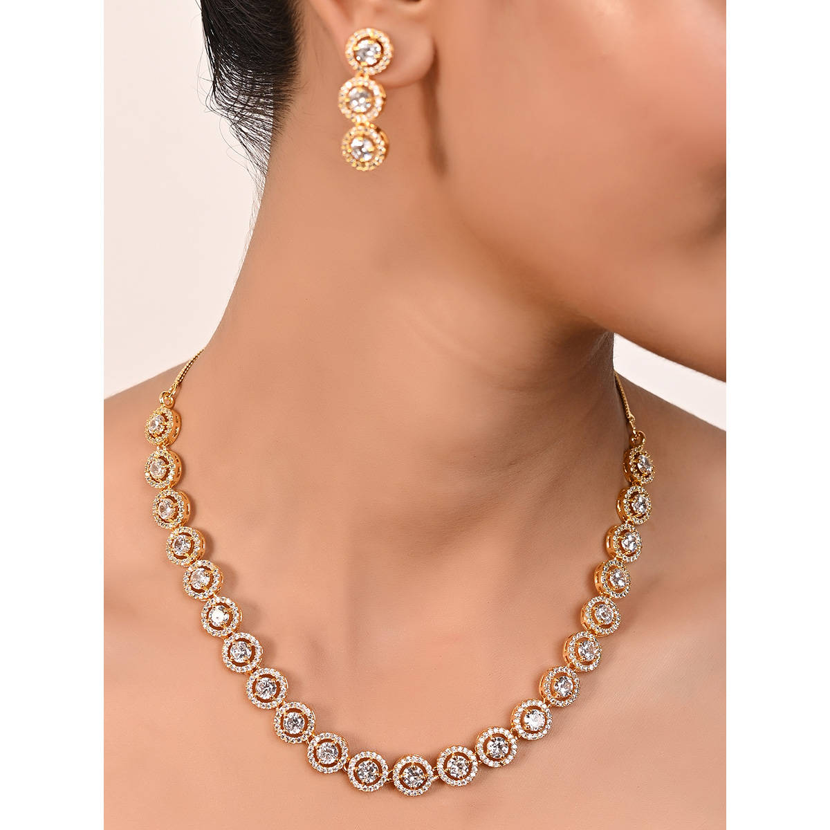 Ratnavali Jewels Gold Plated AD Round Single Line Necklace Jewellery Set with Earring