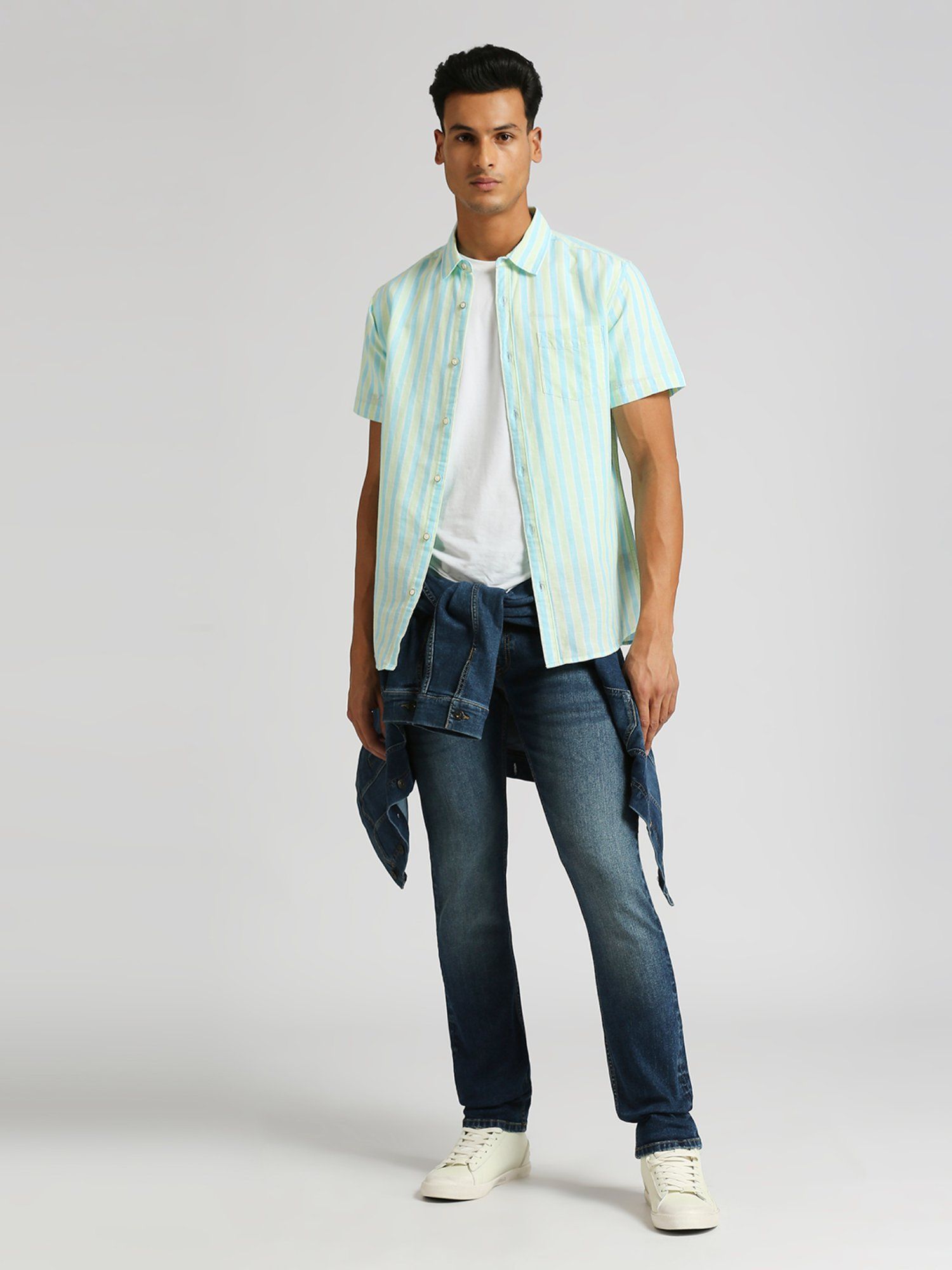 Buy Pepe Jeans Blue Oscar Cotton Linen Stripes Shirt Online