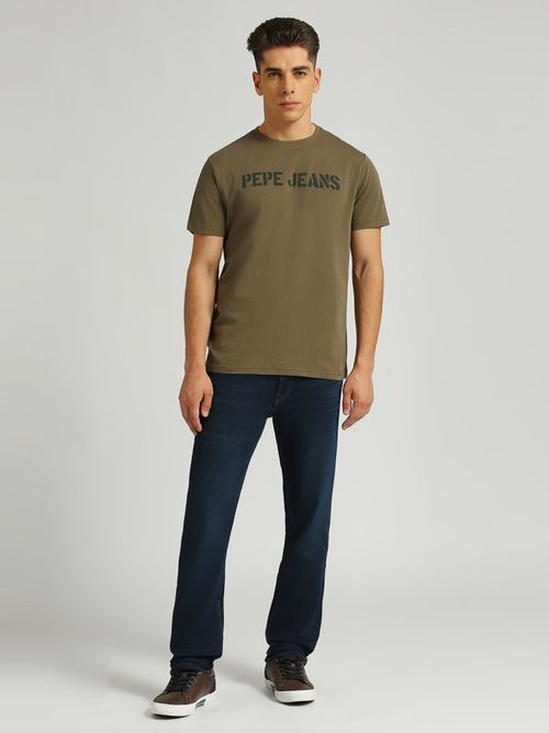 Pepe Jeans Olive Green Solid Half Sleeve T-Shirt
