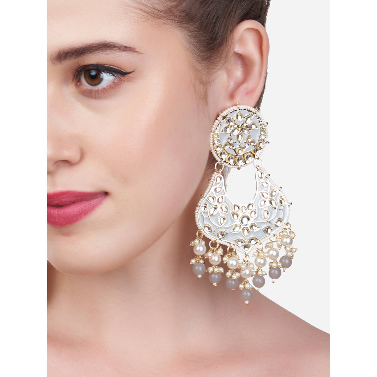 Zaveri Pearls Grey Meenakari Kundan Floral Design Dangle Earring-ZPFK13519