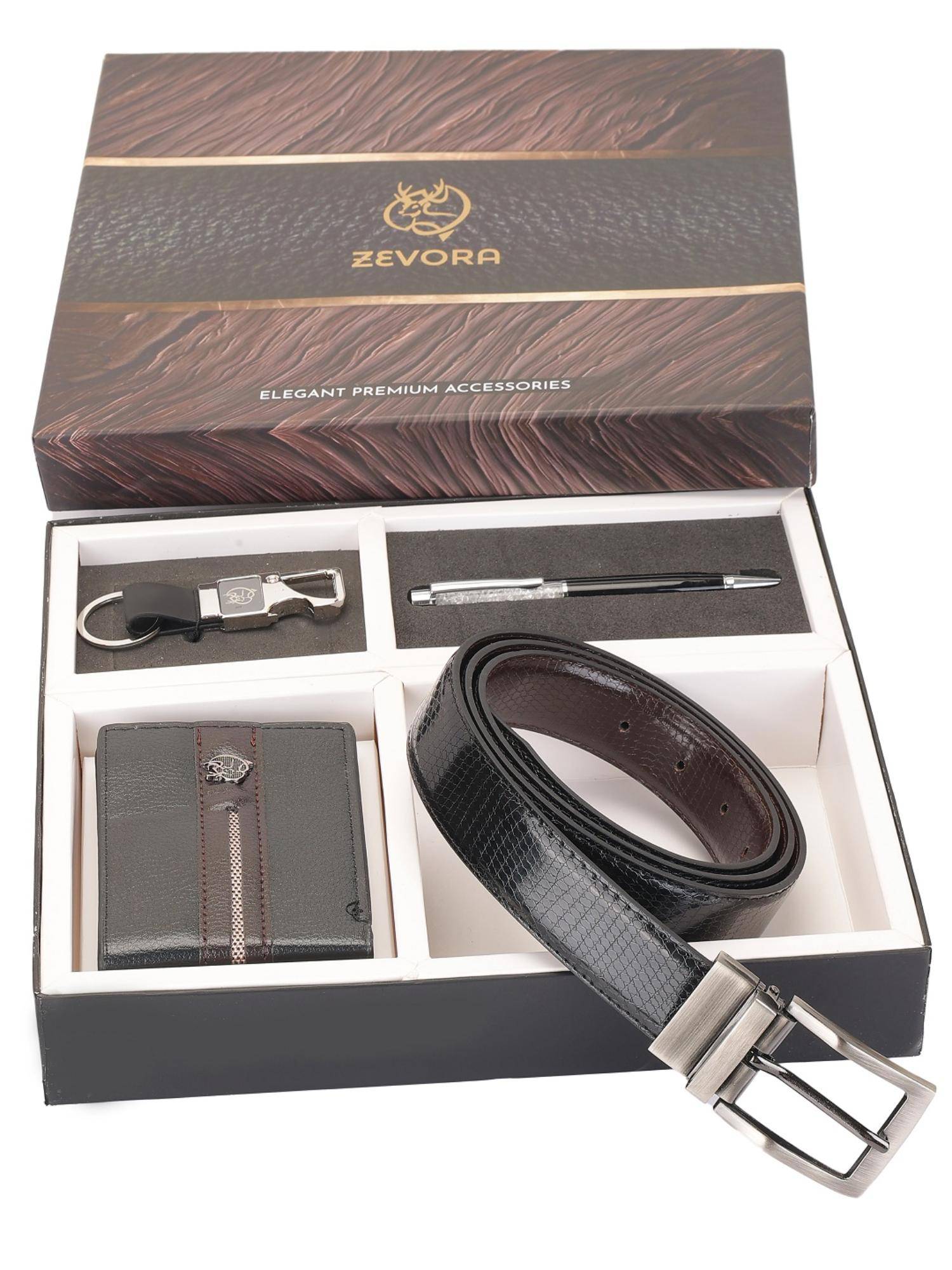 Zevora Buy ZEVORA Men Reversible Black Belt with Wallet, Pen & Keychain Online