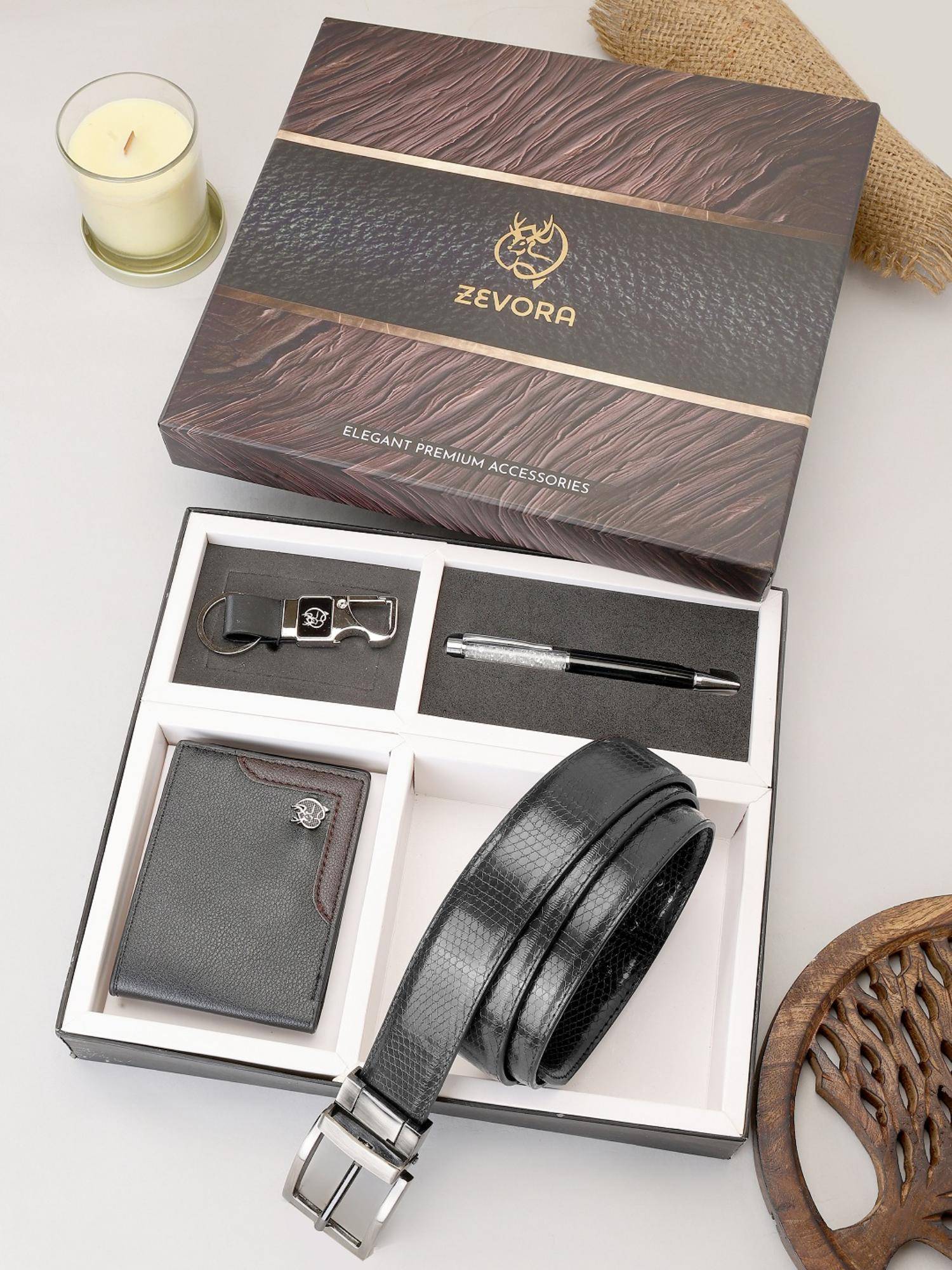Zevora Buy ZEVORA Men Reversible Black Belt with Wallet, Pen & Keychain Online