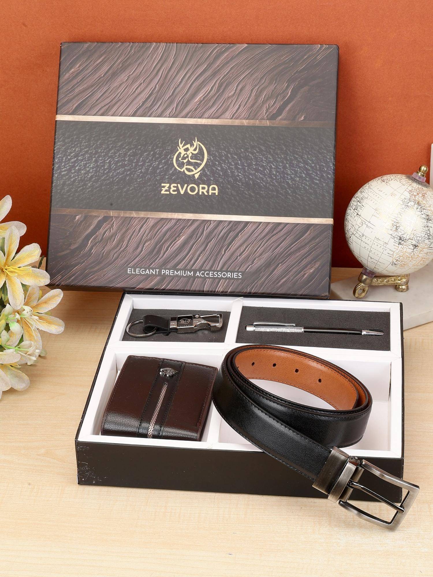 Zevora Buy ZEVORA Men Reversible Black Belt with Wallet, Pen & Keychain Online