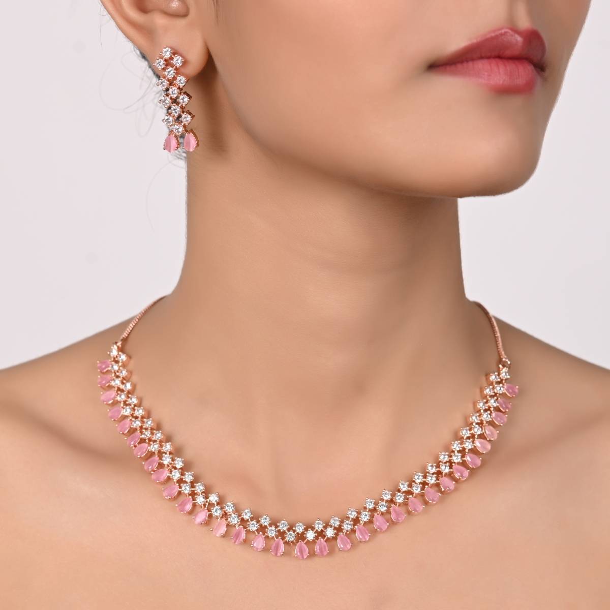 Ratnavali Jewels Rose Gold Plated CZ AD Studded Pink Drop Necklace Jewellery Set with Earrings