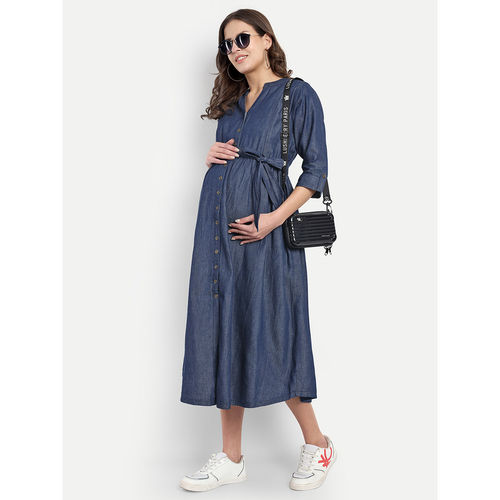 white christmas dresses Kaylee Bodycon Nursing Dress in Dark Denim – Jump Eat Cry main image 1