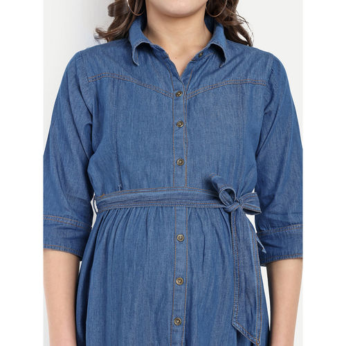 Buy Mamma's Maternity Light Blue Solid Denim Maternity Dress with Belt (Set  of 2) Online