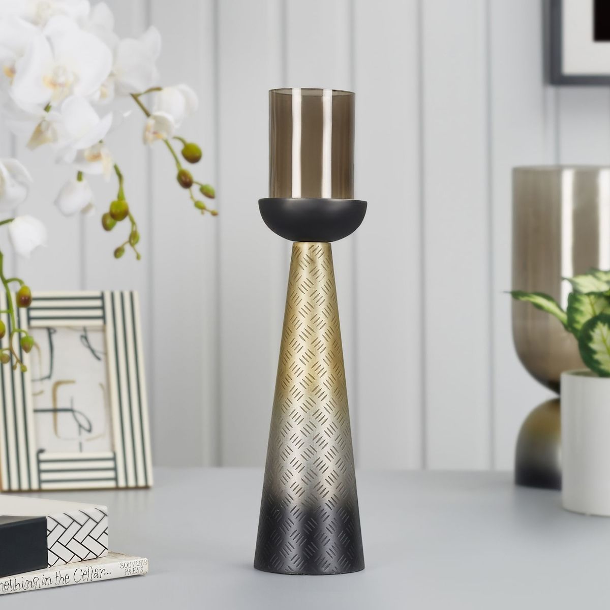 HomeTown Zeus Iron and Glass Ombre Conical Candle Holder In Antique