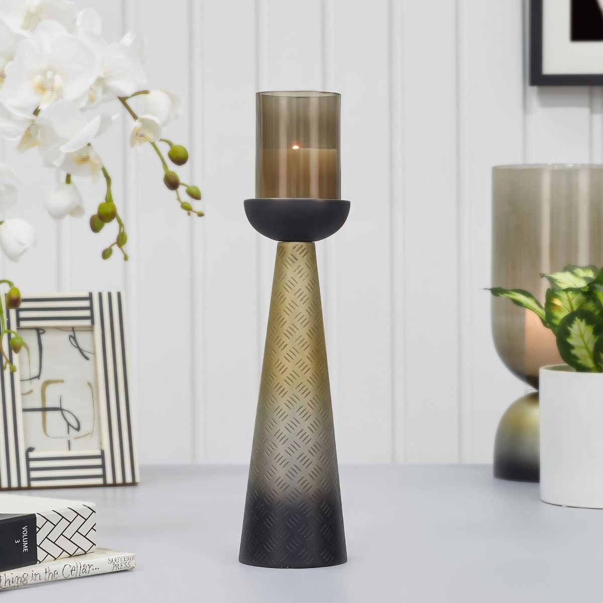 HomeTown Zeus Iron and Glass Ombre Conical Candle Holder In Antique