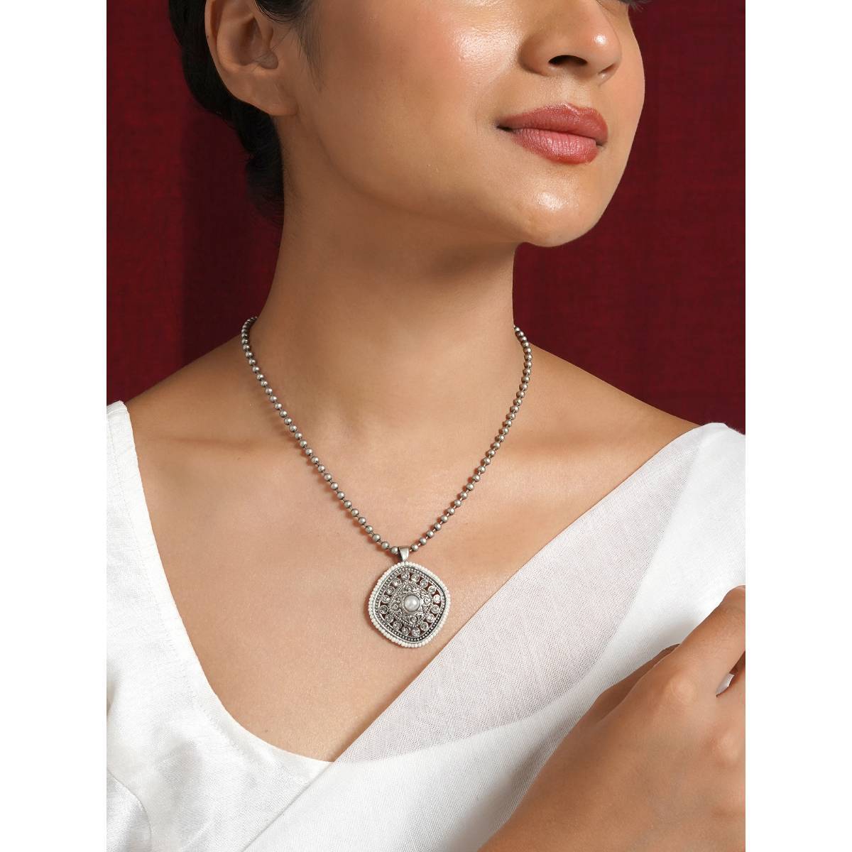 Teejh Jahanzeb Silver Oxidised White Pendant Chain Necklace