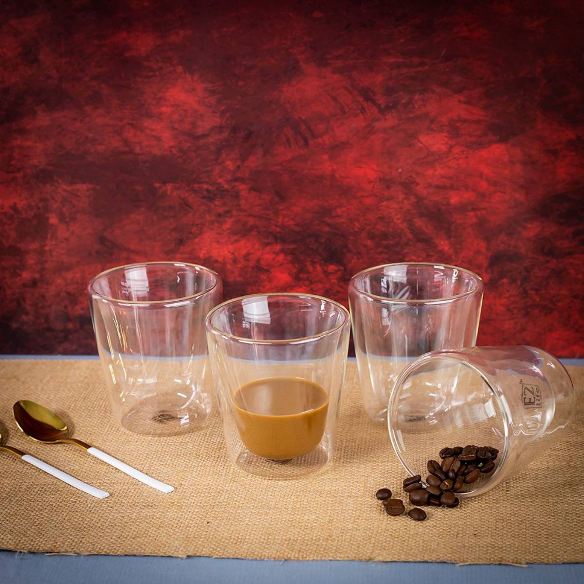 EZ Life Borosilicate Double Walled Fantasia Coffee Glasses - 200 ml - Pack of 4