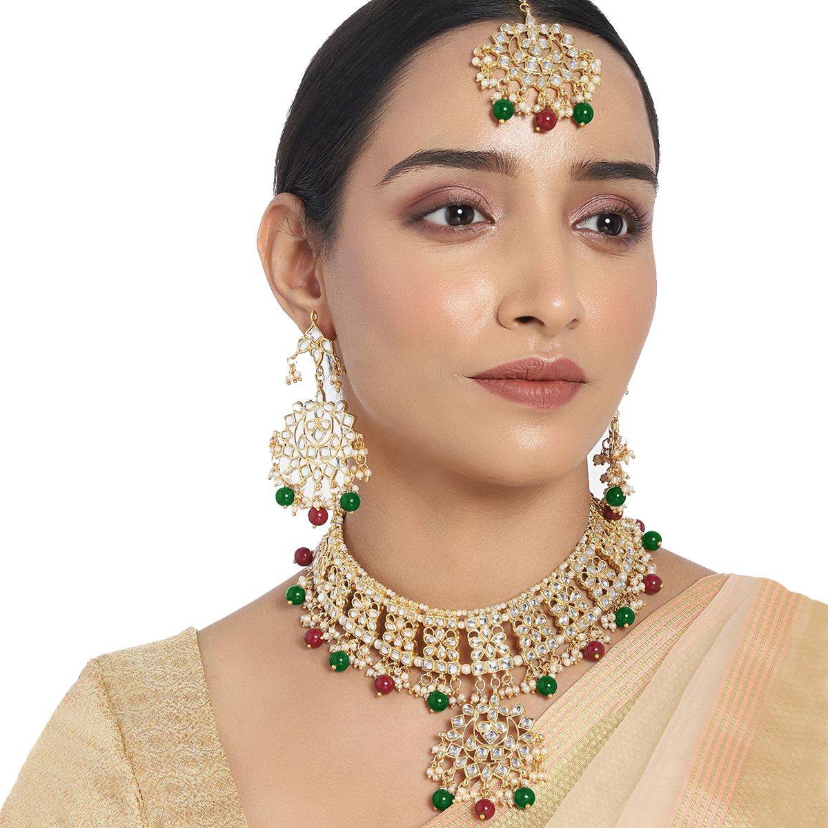 Peora Gold Plated Traditional Kundan Choker Necklace Jewellery Set (maroon Green) -pf37nk7057mg