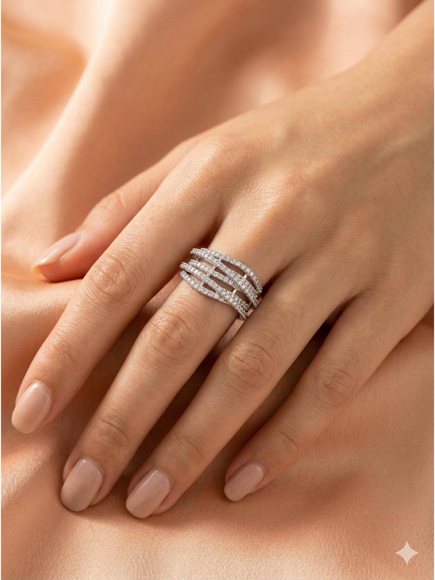 Adwitiya White Rhodium Multi-Layer Criss-Cross Adjustable Ring