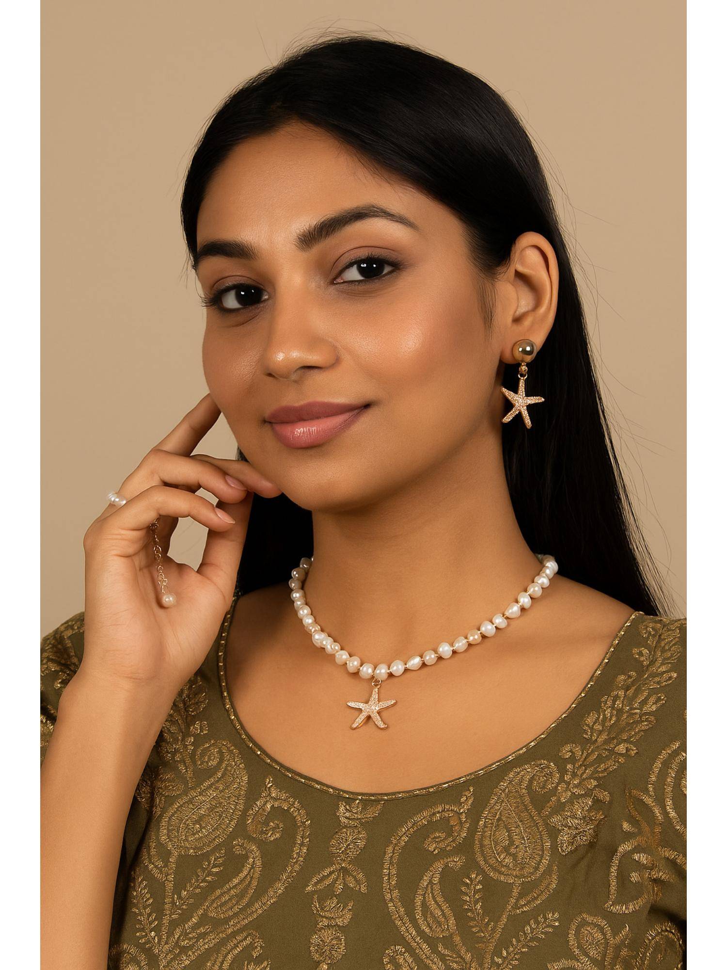 Jewelz White Starfish Pearl Necklace, Earrings and Ring Set (Pack of 3)