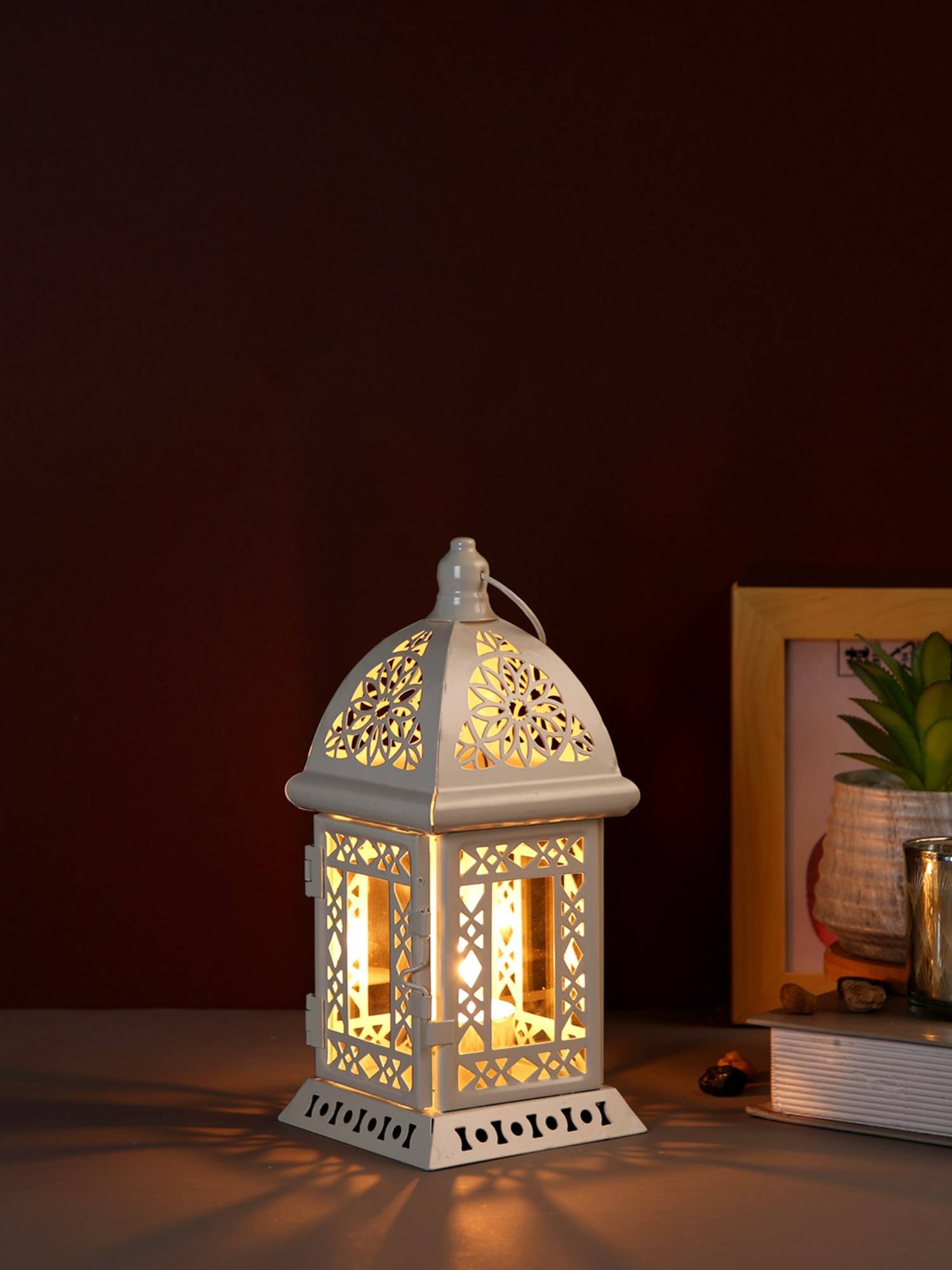Tayhaa White Metal Lantern with Floral Cutouts