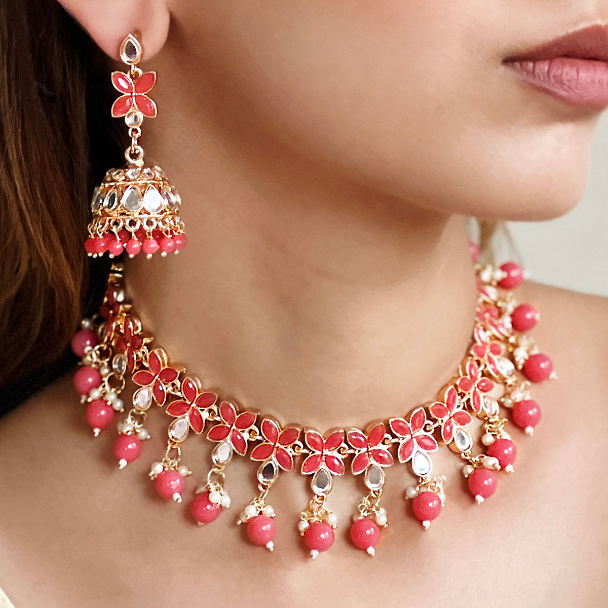 Azai by Nykaa Fashion Jewellery Sets  Buy Azai by Nykaa Fashion Festive  Long Necklace  Earring with Pink  Green Stones Set of 2 OnlineNykaa  Fashion