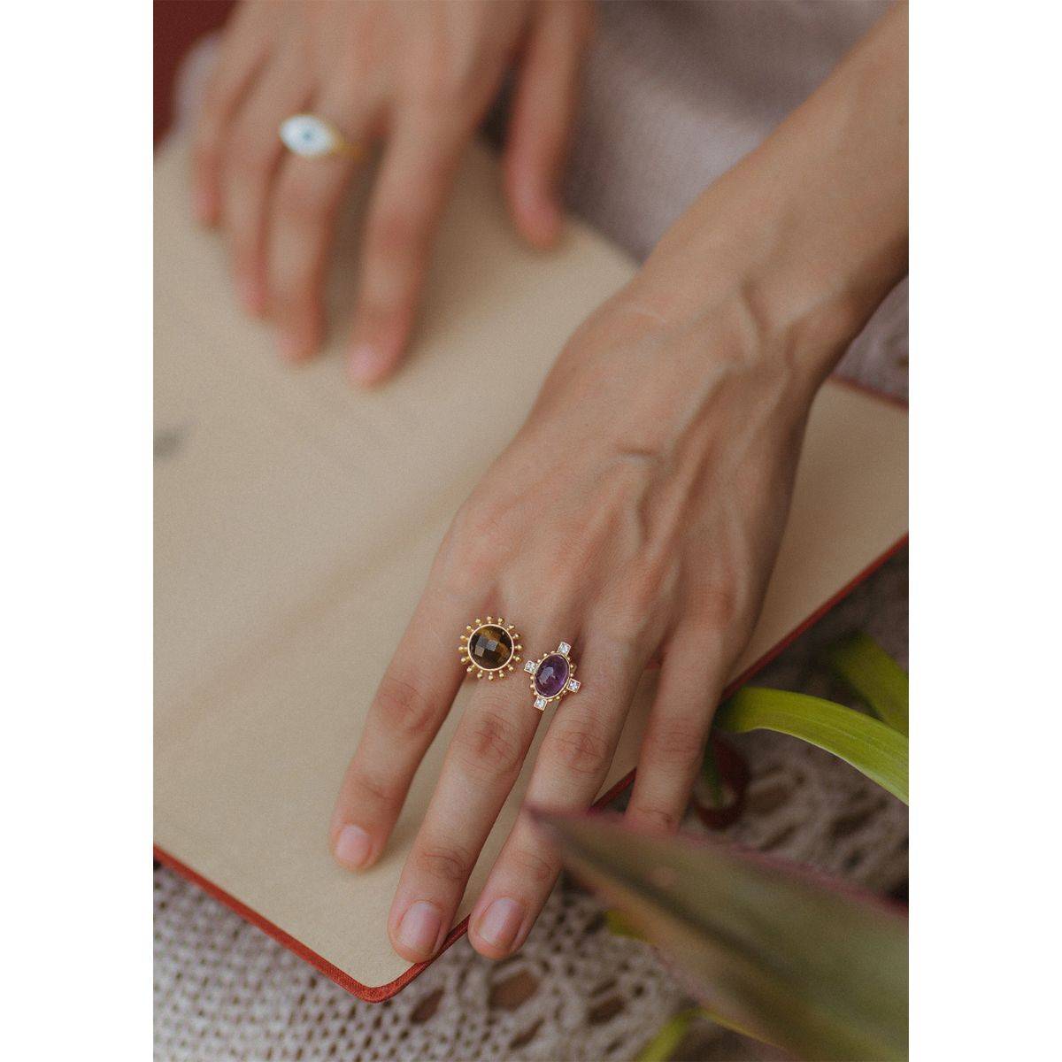 ZARIIN 22Kt Gold Plated Multi Stone Healing Adjustable Ring