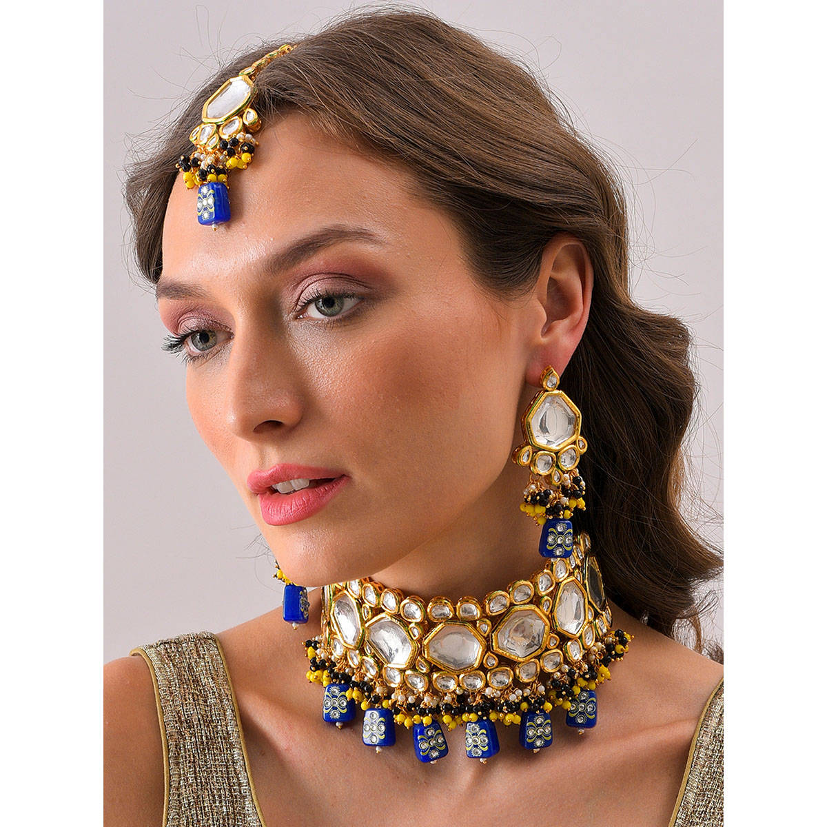 SOHI Gold Plated Kundan Beaded Necklace Earrings and Maang Tikka Set