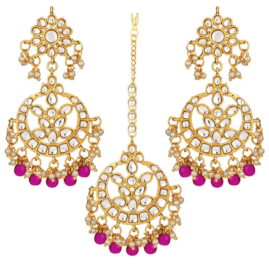 Peora Traditional Jewellery 18K Gold Plated Kundan & Pearl Maang Tikka Earring Set (PF25ET085RP)