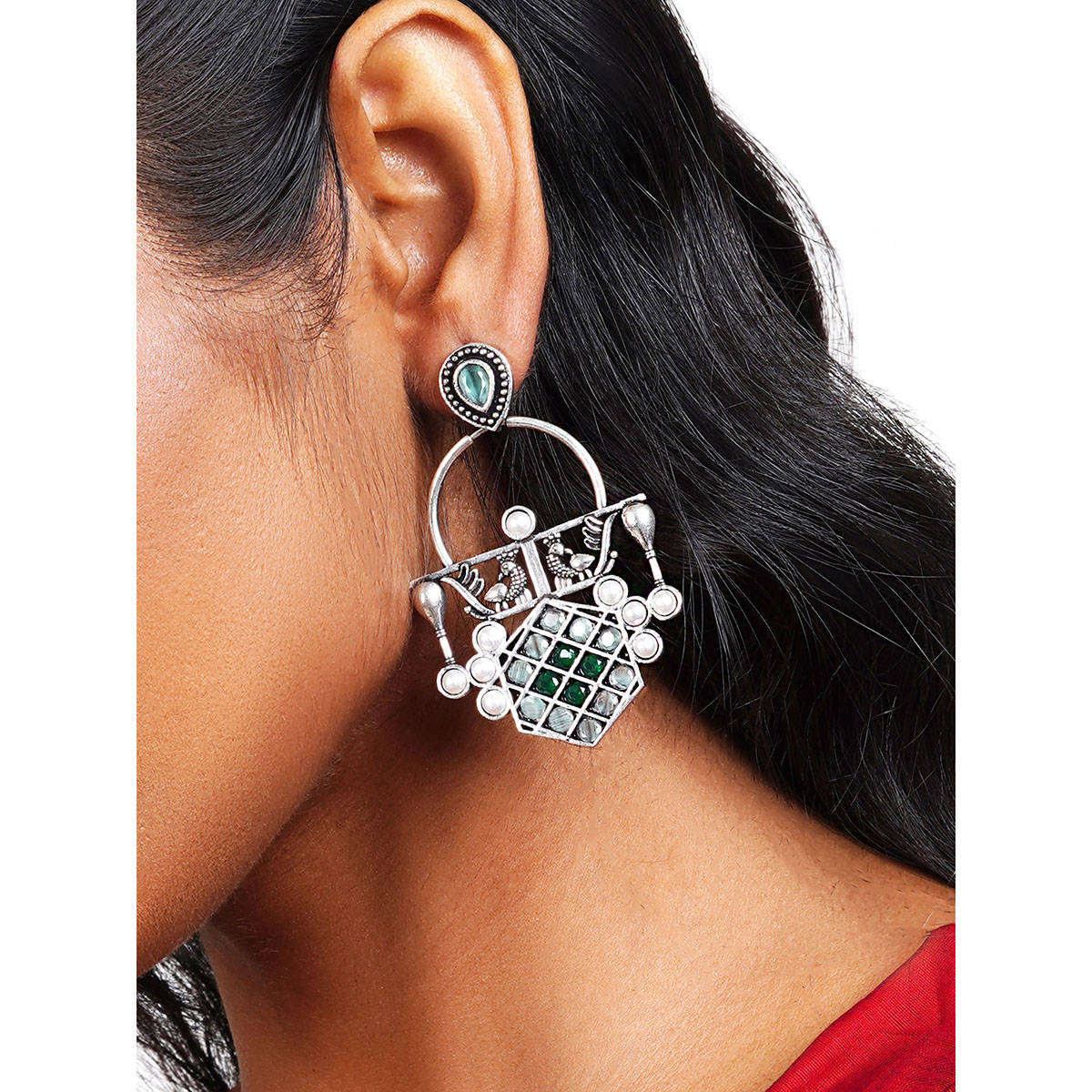 Teejh Charulata Green Silver Oxidised Earrings