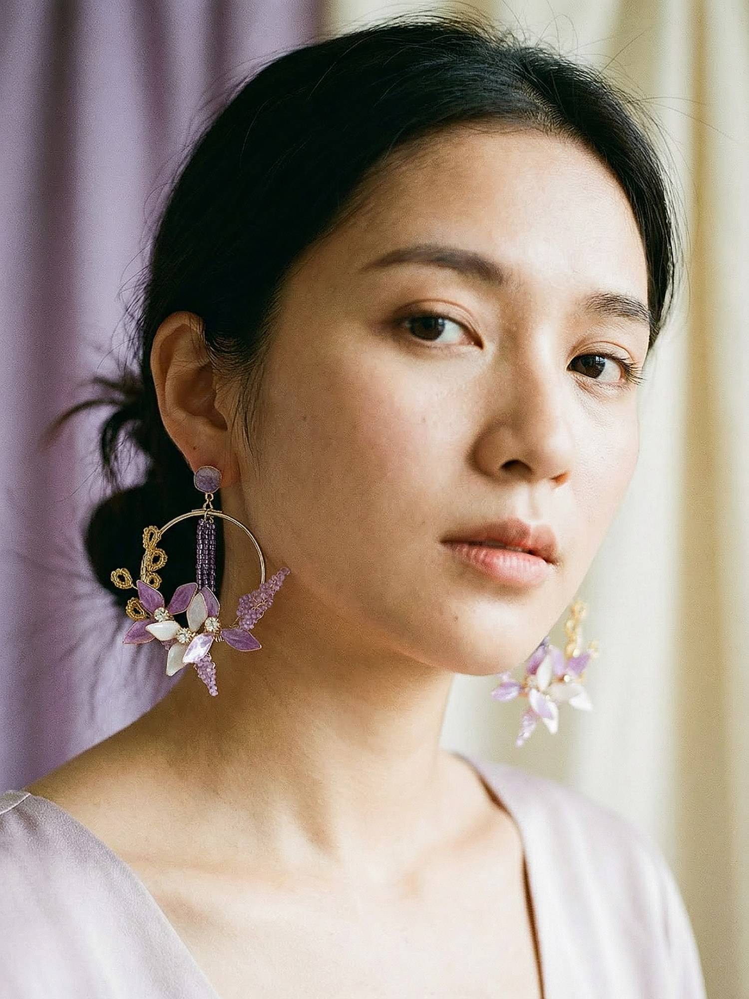 Saraf RS Jewellery Lavender Enamelled Floral Dangler Earrings