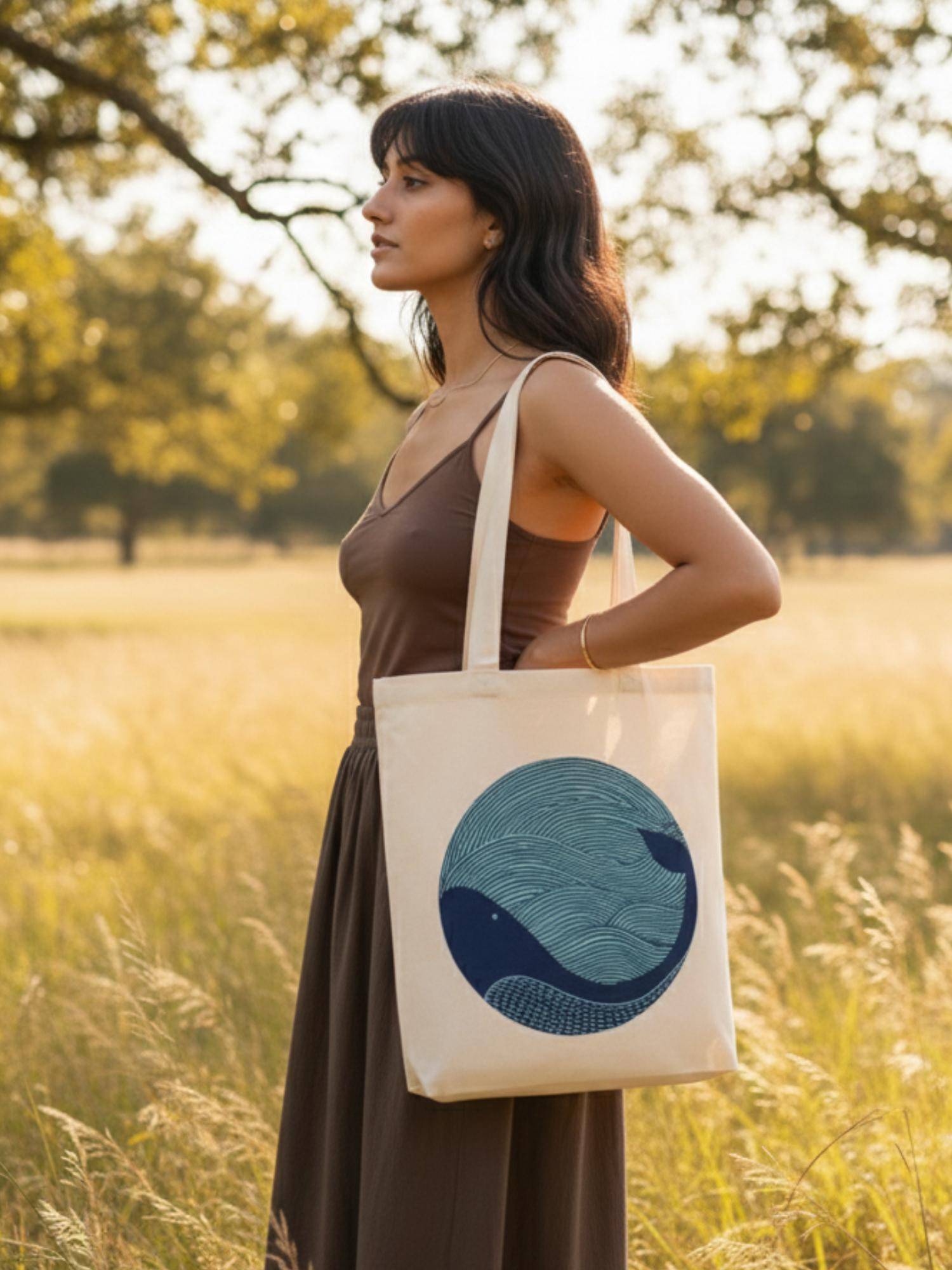 EcoRight White Whale Doodle Canvas Tote Bag with Zip