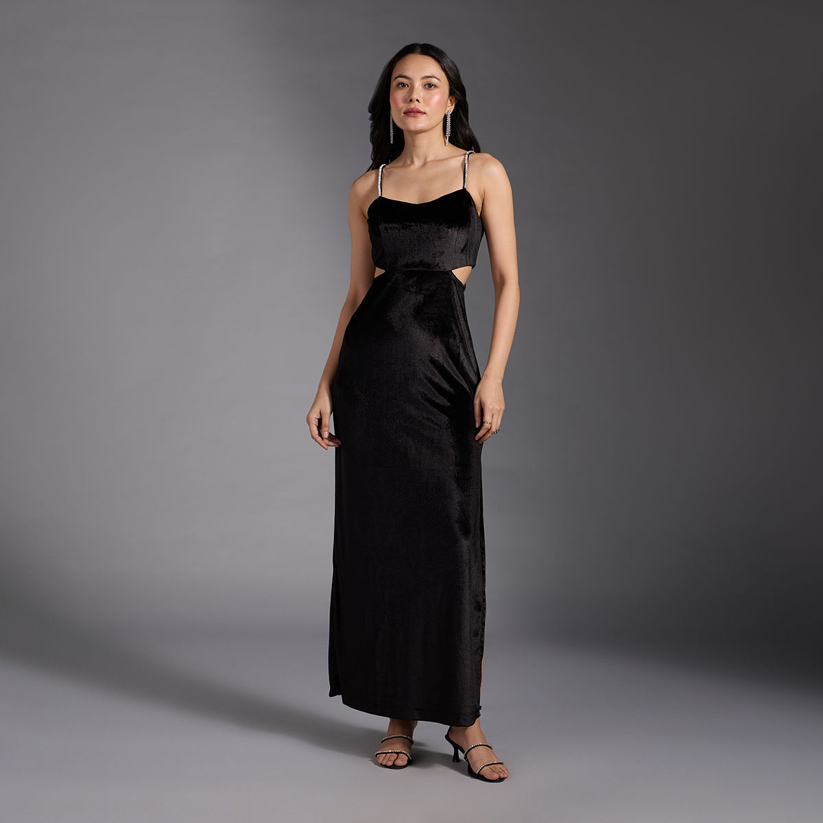 Twenty Dresses by Nykaa Fashion Party Diamond Studded Straps Waist Cut Out Sheath Maxi Dress (S)