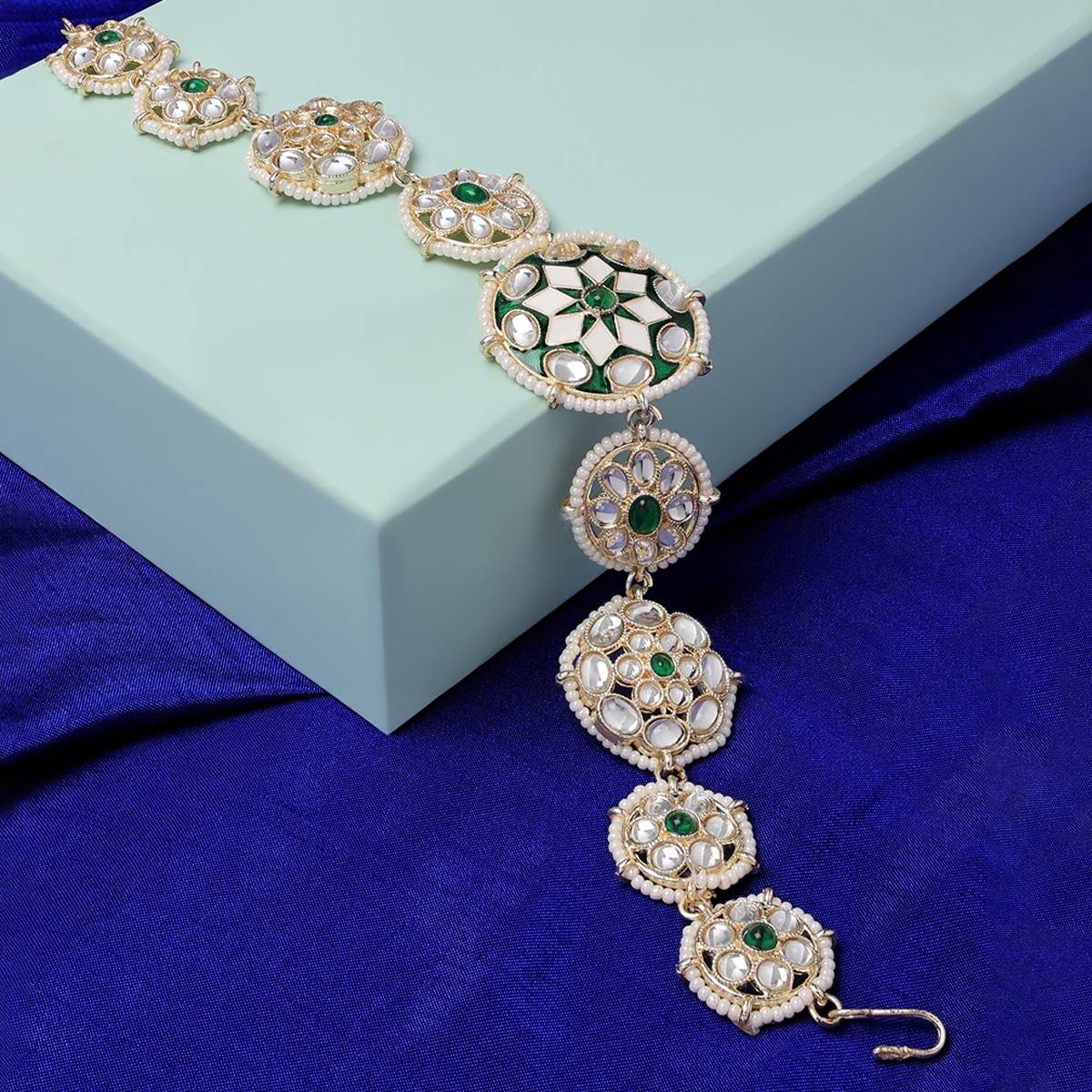 Zaveri Pearls Green & White Meenakari Kundan Bridal Head Chain-ZPFK14619