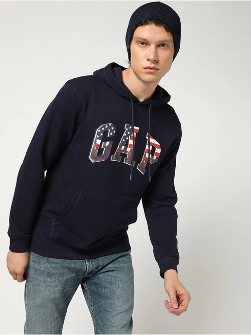 GAP Navy Blue Men's Graphic Print Relaxed Hooded Sweatshirt