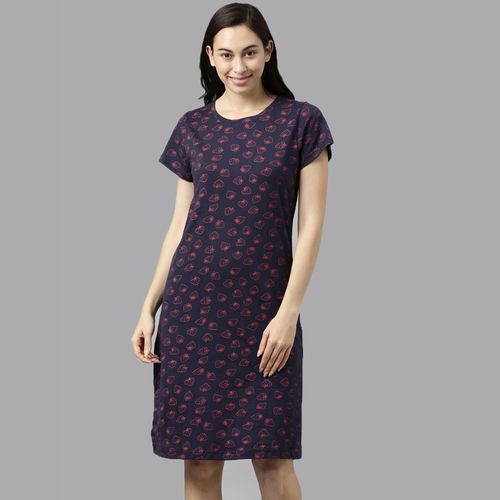 Kryptic 100 Percent Cotton Printed Lounge Dress Knee Length for Women Navy  Blue (S)