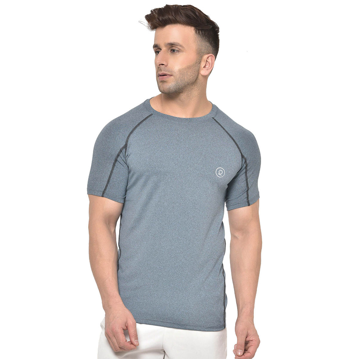 CHKOKKO Men'S Compression Round Neck Regular Dry Fit Gym Sports T-Shirt Blue Melange (2XL)