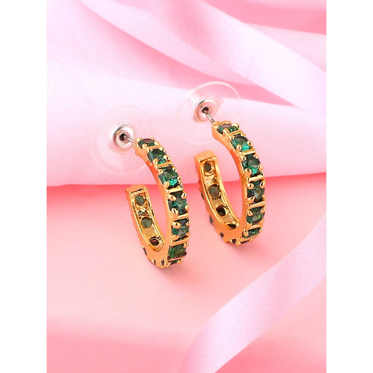 Estele Gold Plated CZ Twisted Hoop Stud Earrings with Emerald for Women and Girl