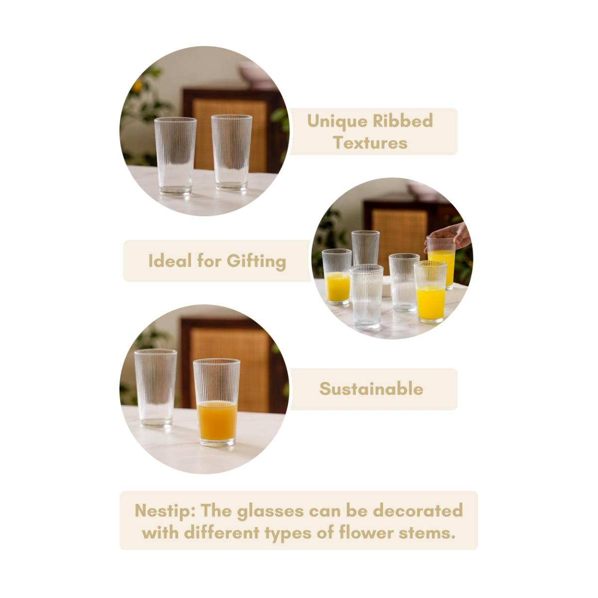 Nestasia Set Of 6 350ml Transparent Fluted Tall Glass Tumblers Buy