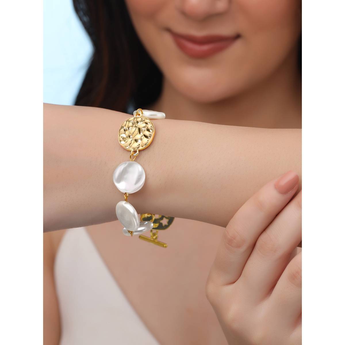 Yellow Chimes Golden Pearl Charm Bracelet for Women
