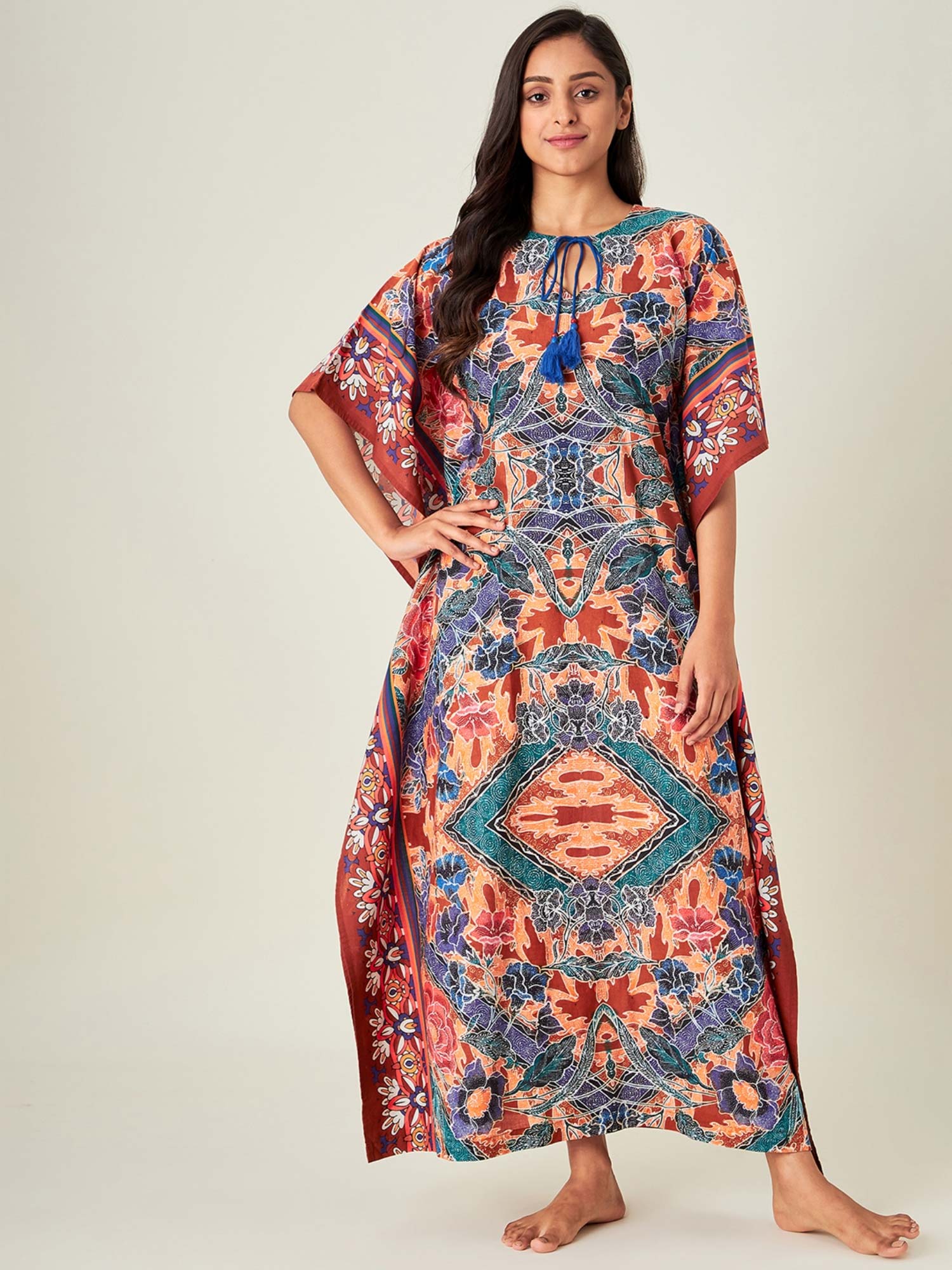 Buy The Kaftan Company Floral Grace Cotton Batik Loungewear Kaftan ...