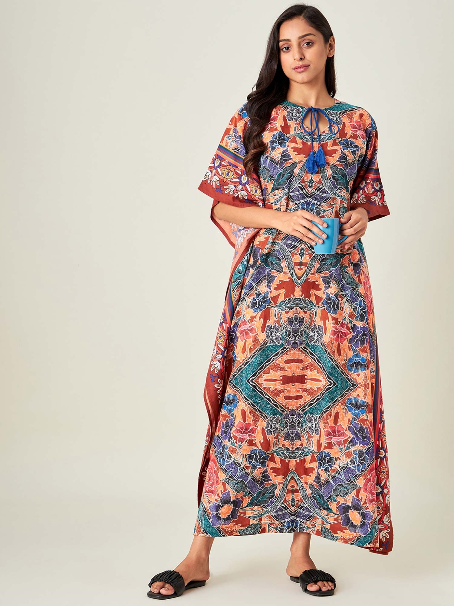 Buy The Kaftan Company Floral Grace Cotton Batik Loungewear Kaftan ...