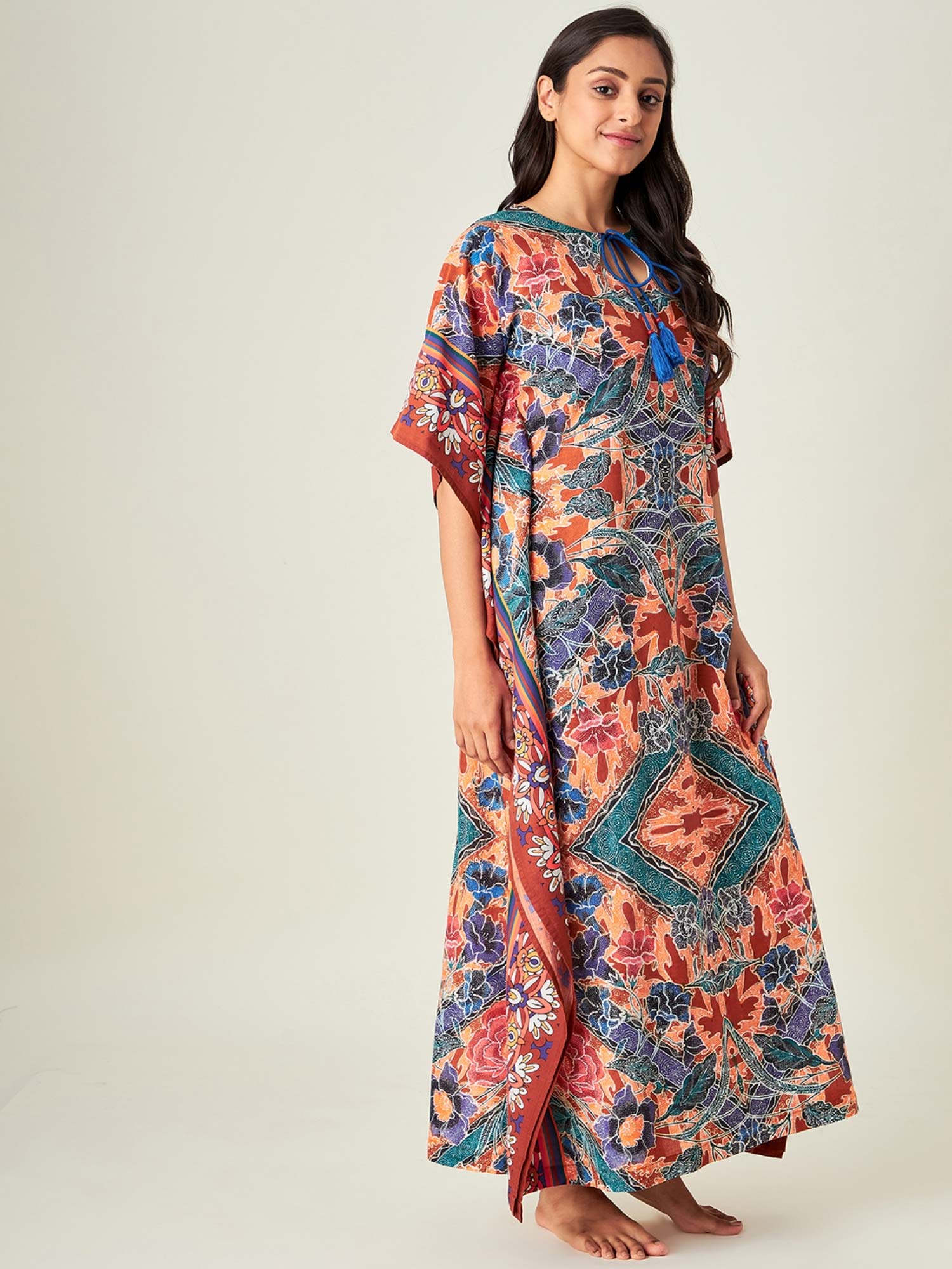 The Kaftan Company Floral Grace Cotton Batik Loungewear Kaftan - Multi 