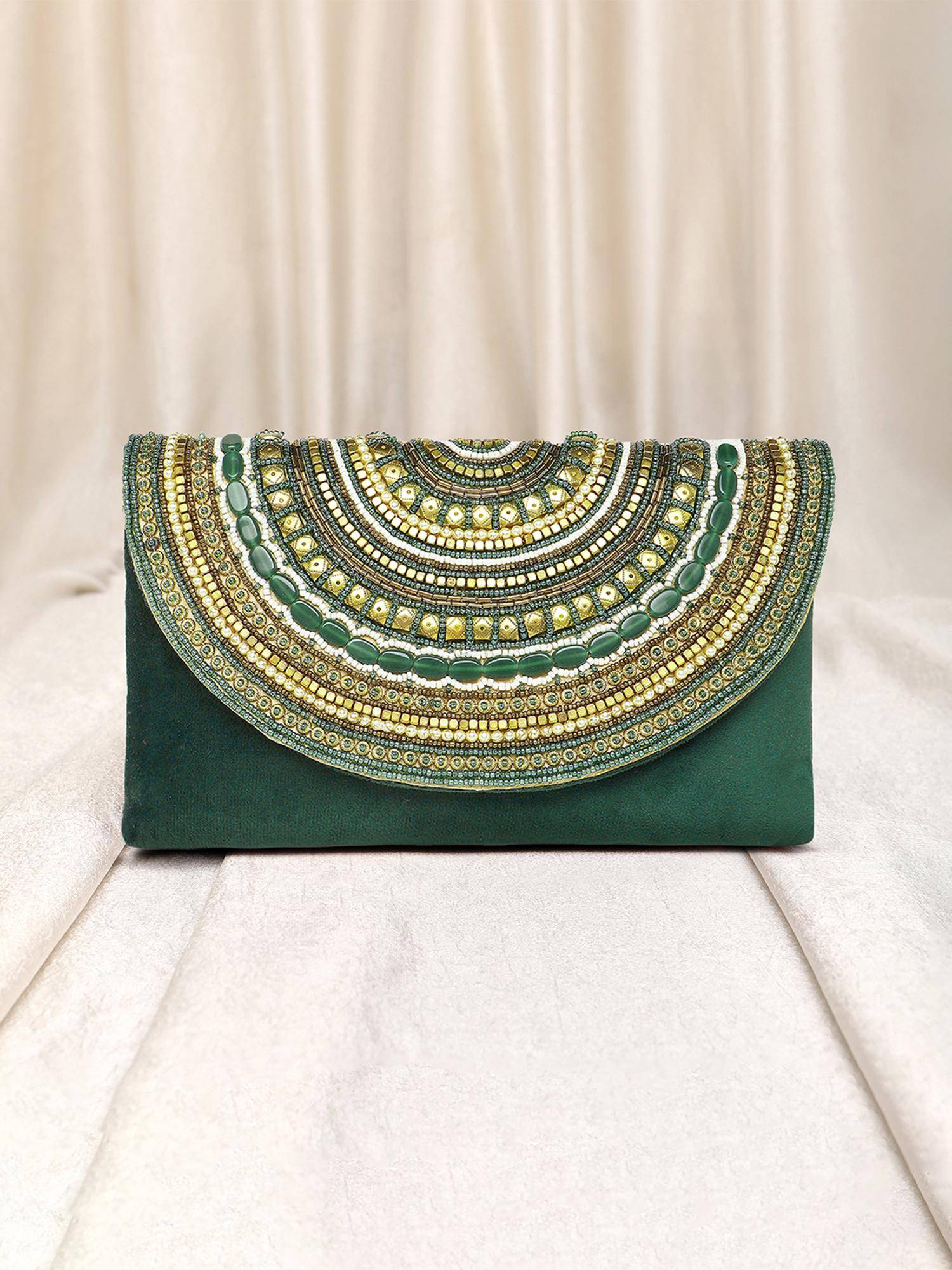 Peora Womens Handmade Evening Fashion Green Clutch with Detachable Strap