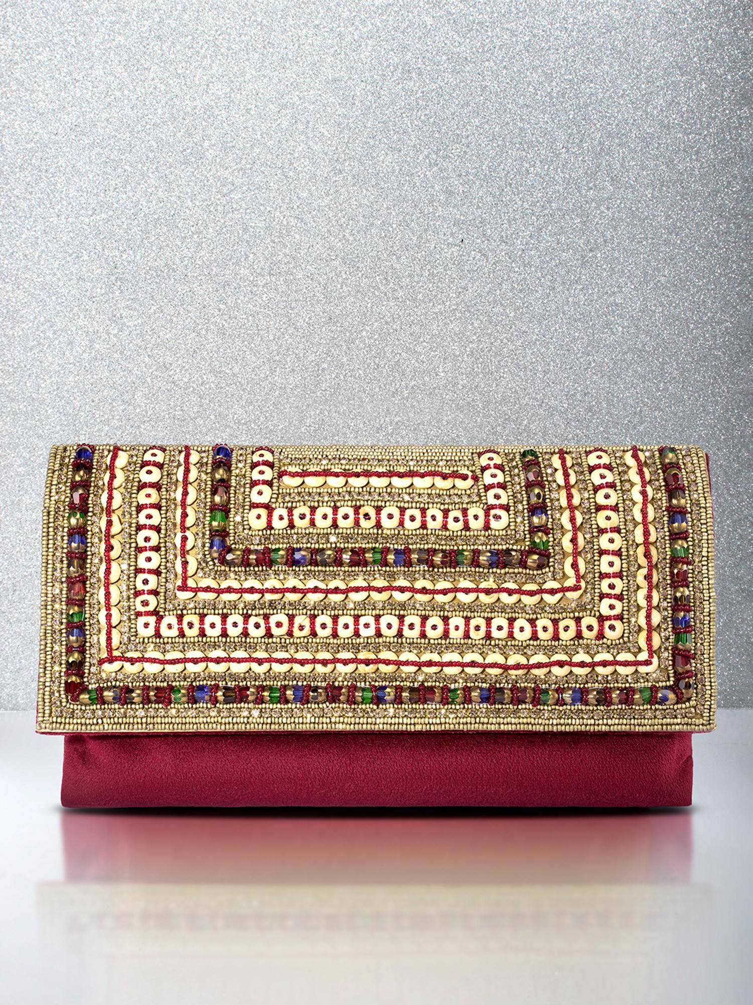 Peora Womens Handmade Evening Stylish Bridal Fashion Maroon Clutch with Detachable Strap